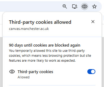 Browser setting switched to on to enable third party cookies.