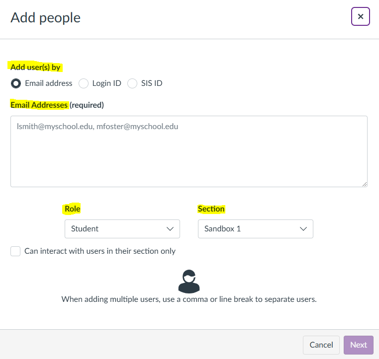 'Add People' screen with options highlighted in yellow that require user input when adding new users.