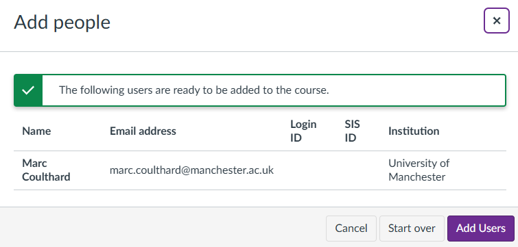 Summary screen displaying user(s) to be added to the course.