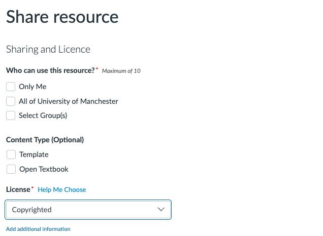 A screenshot of the Share Resource page within Canvas Commons, with options to edit the visibility of the resource, the content type and the license