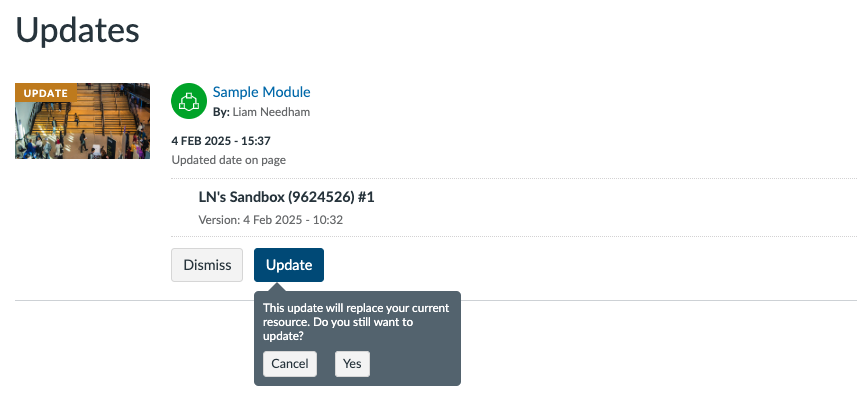 A screenshot detailing the process for accepting an update to a Commons resource