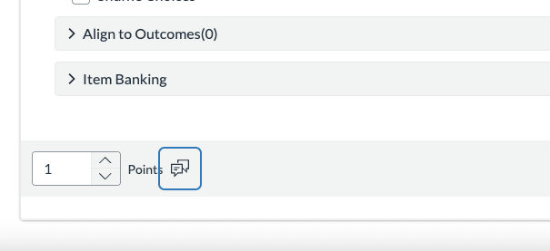 The image shows a MCQ bring edited in Canvas. There is a blue box around the double speech bubble icon which you click to enter correctness feedback.