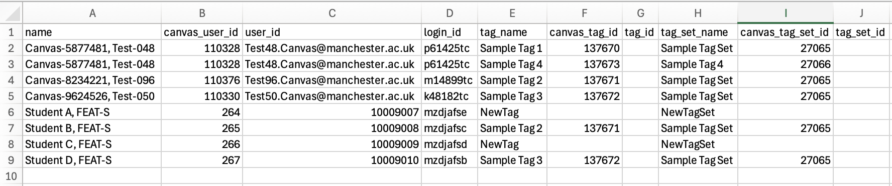 .csv file, listing students and their associated details. New differentiation tags are being manually created