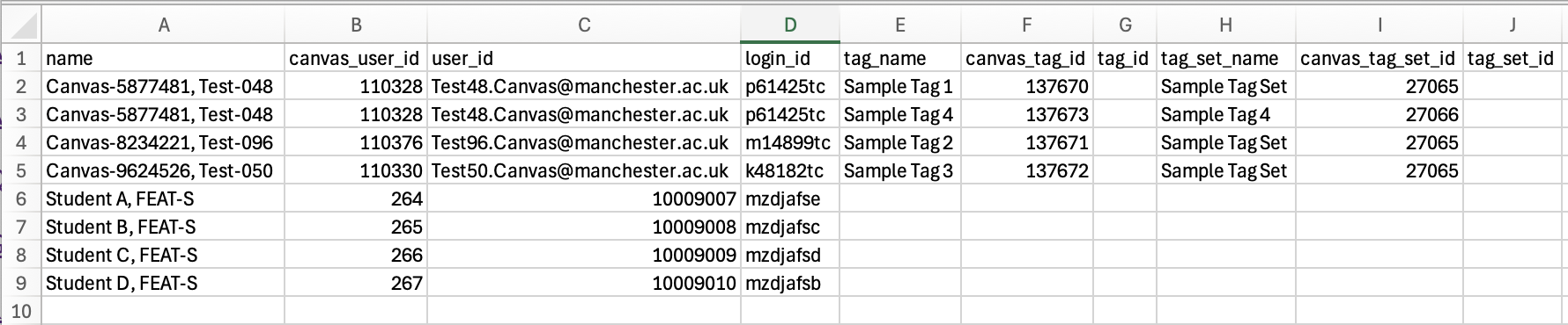 .csv file, listing students and their associated details. Differentiation tags have been previously assigned