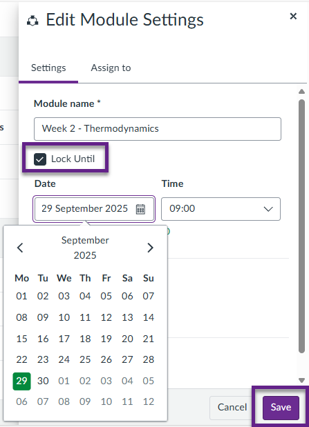 ‘Edit Module Settings’ menu open with ‘Lock Until’ selected, a calendar open under ‘Date’, and the ‘Save’ button indicated at the bottom