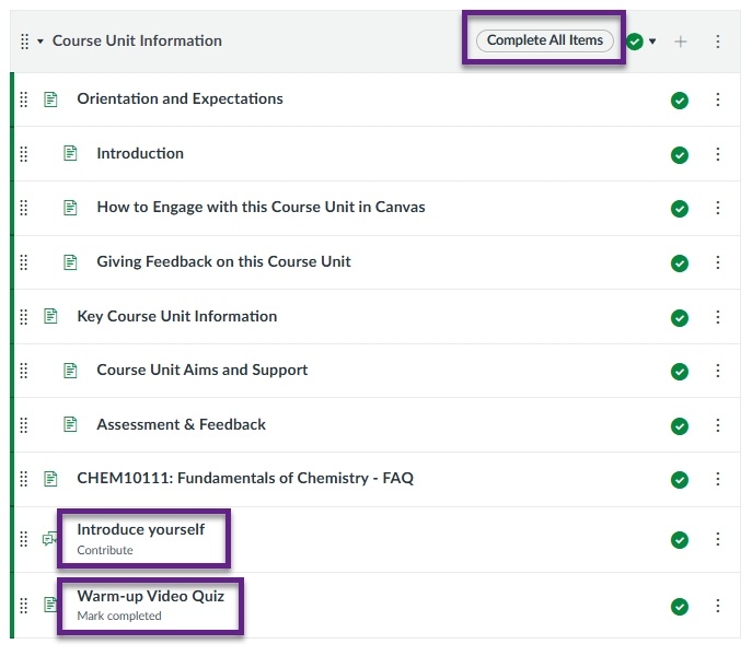 ‘Complete all items’ is indicated on an example module block. ‘Introduce yourself’ has a ‘Contribute’ requirement, and ‘Warm-up Video Quiz’ has a ‘Mark completed’ requirement