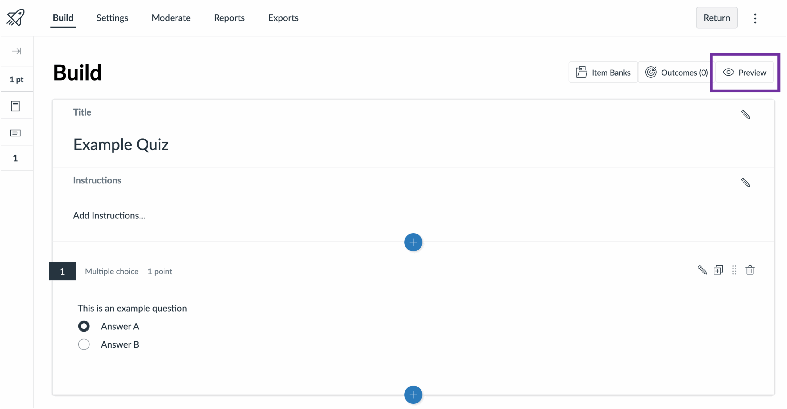 The quiz build page with the preview button highlighted