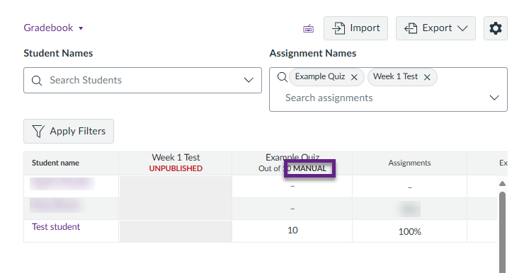 'Manual' indicated in the header of the 'Example Quiz' column.