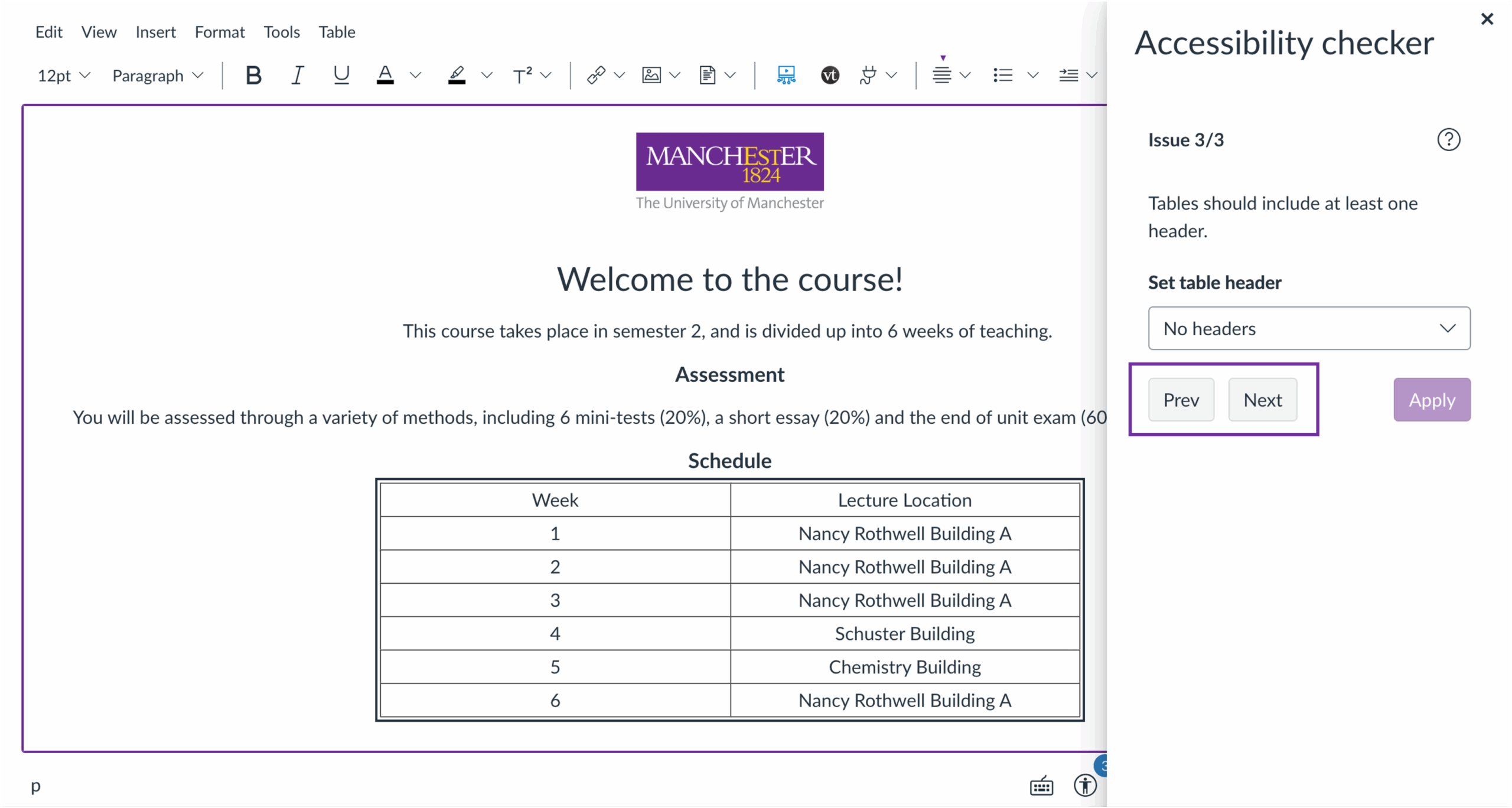 The accessibility checker sidebar, indicating that there the table does not have a header. The Prev and Next buttons are highlighted