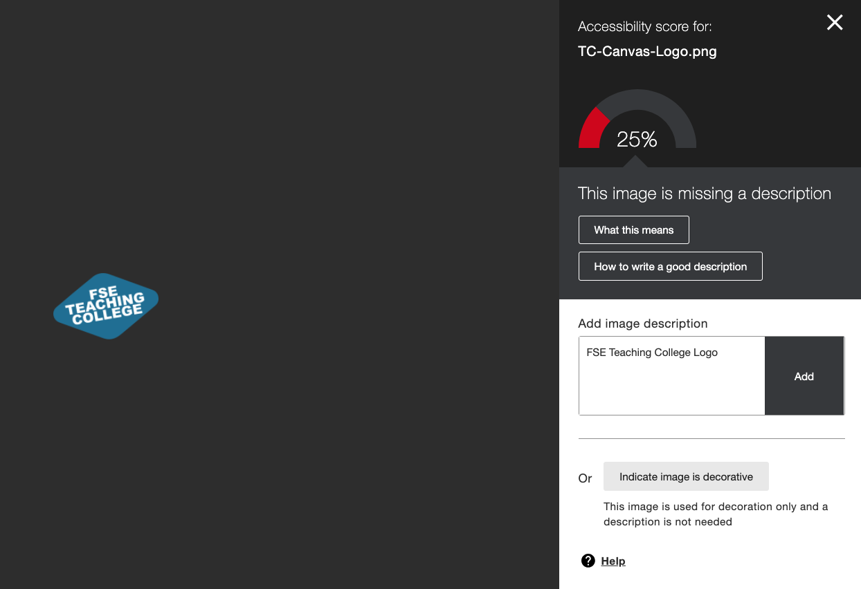 Item accessibility score page, along with description of the issue and area in which to correct it