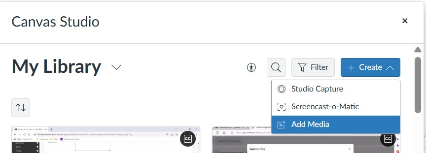 Canvas Studio My Library screen, the Create button is selected and Add Media is selected in the dropdown menu.