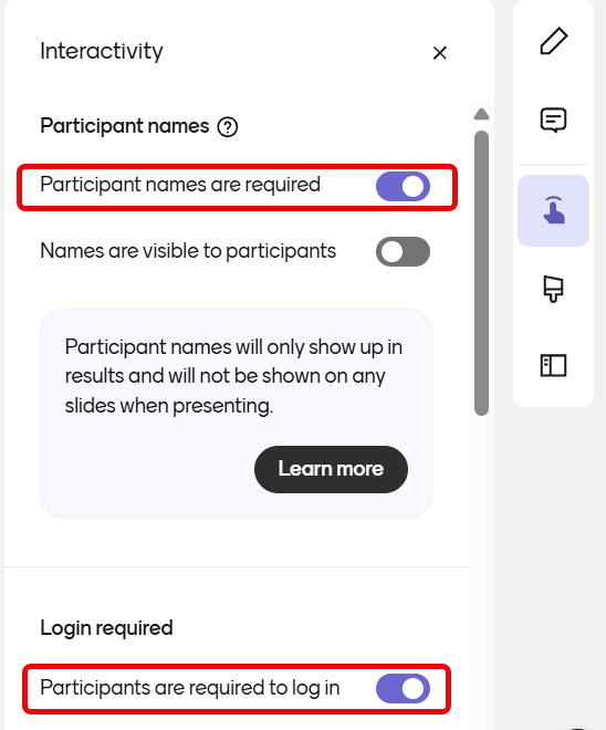 Participants menu in Mentimeter. The menu options participants names are enabled and participants must login are switched to on.