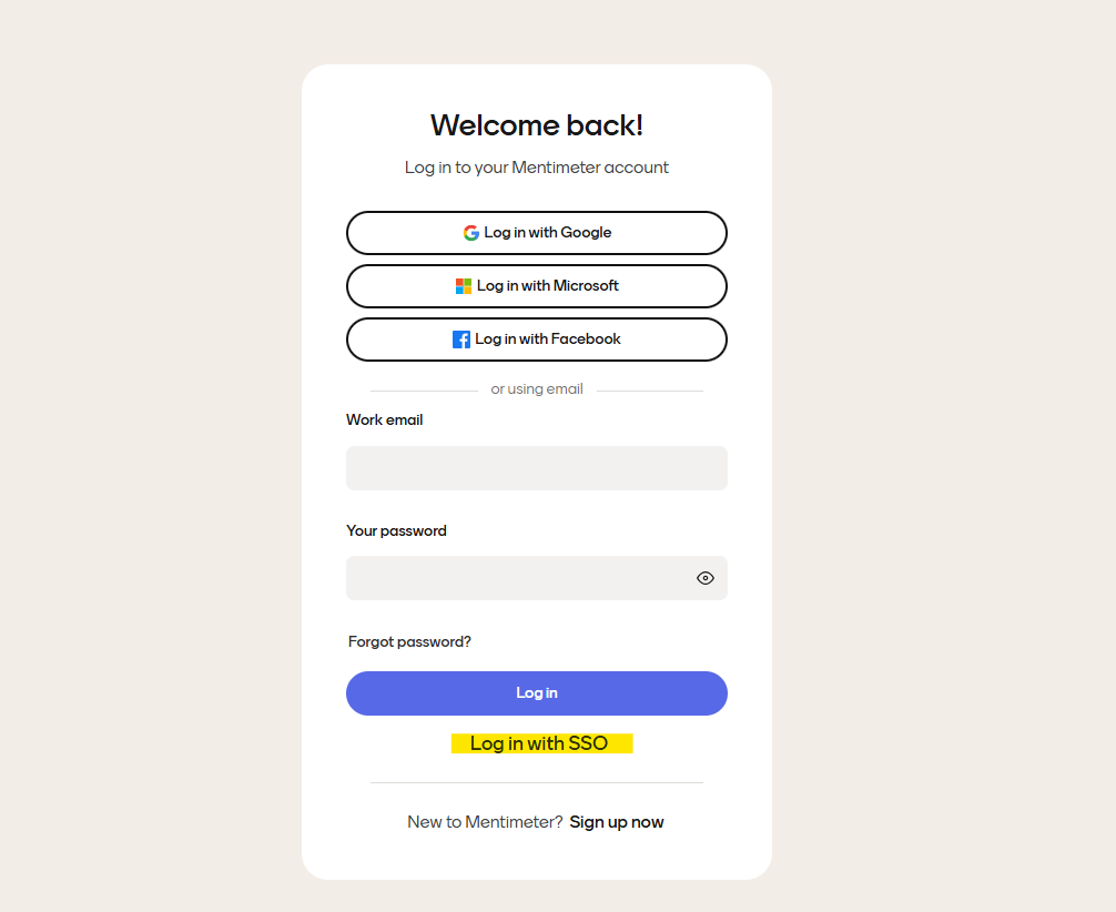 Window showing options for signing into Mentimeter. The option to Log in with SSO (Single Sign On) is highlighted