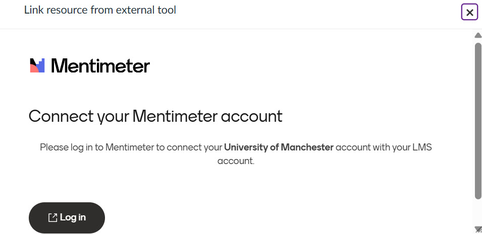 Pop up box showing text Connect your Mentimeter account, with Log in button