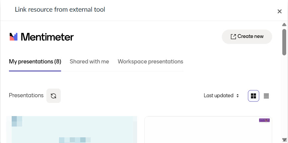 Popup window in Canvas showing a preview of Mentimeter content - a series of presentations are available to select.