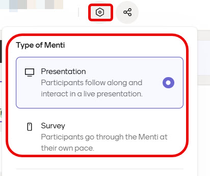 The mentimeter setting menu option is highlighted, revealing options to set type of menti as a presentation or survey.